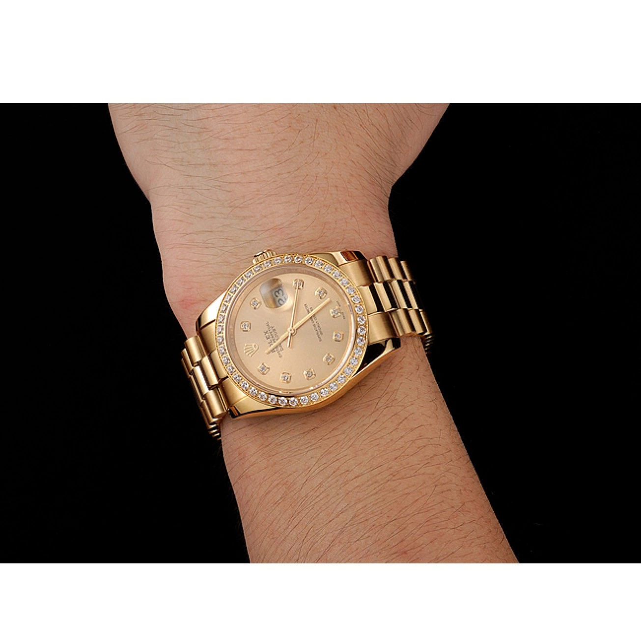 Aaa replica watch Champagne Bezel Bracelet Swiss Rolex Gold 1454097 Datejust Diamond Dial 0710